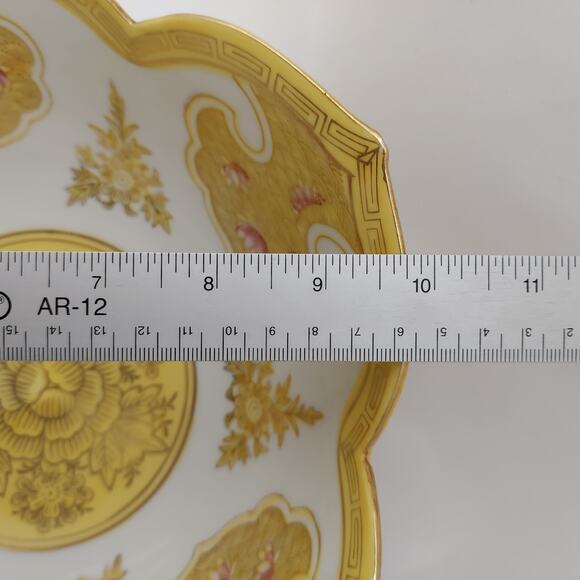 Yellow Lotus Bowl Andrea Sadek 9.5" Japan Hand Painted Scalloped Edge Gold Red - Picture 9 of 9